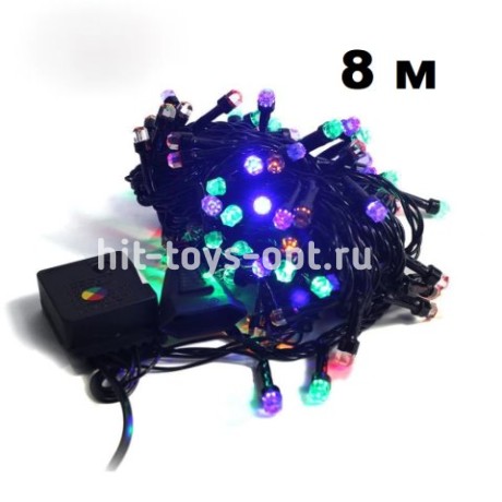 Гирлянда нить  100л (80л)/8М крупный диод черн пр с переходником УЛИЦА в упак МУЛЬТИ