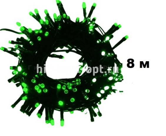 Гирлянда нить  100л (80л)/8М крупный диод черн пр с переходником УЛИЦА в упак ЗЕЛЕНЫЙ