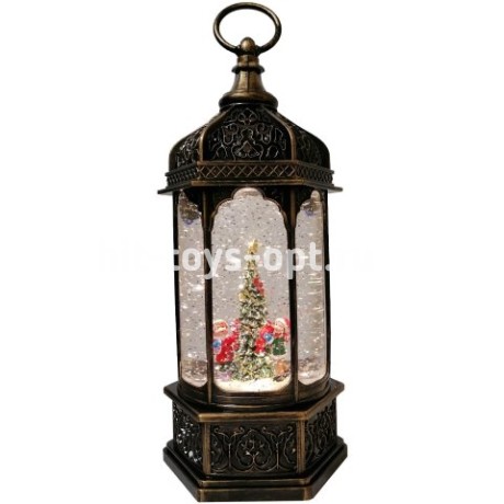Новогодний декоративный маслянный фонарь, Дед Мороз с оленем у елки, Вращающиеся фигур. музыкальный,