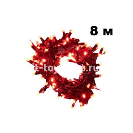 Гирлянда нить  100л (80л)/8М крупный диод черн пр с переходником УЛИЦА в упак  КРАСНЫЙ