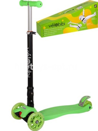 Самокат 3-х колесный зелёный 57*13*78-87 см, светящиеся колеса