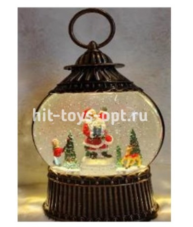 Новогодний декоративный маслянный фонарь, Дед Мороз со снеговиком, ребенком и собакой у елки,Вращающ