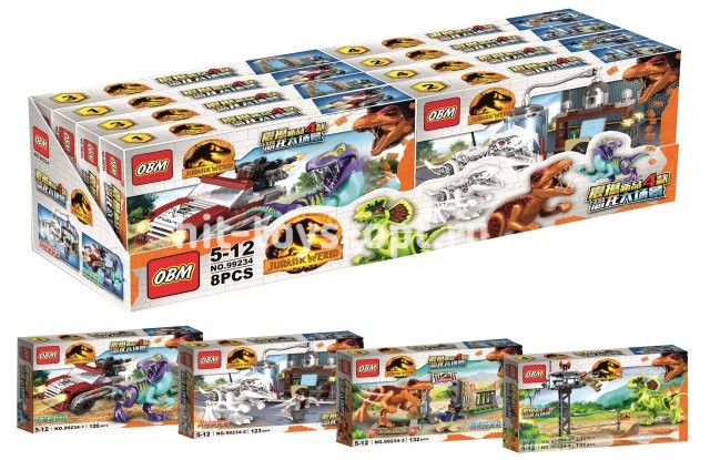 Конструктор Мир Юрского Периода - Побег Ти-Рекса, Велоцераптора и пр. 4 вида (123-132дет) в уп 8шт.