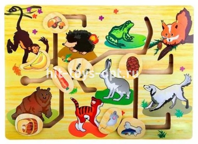 Деревянная игрушка. Лабиринт логический "ЧЕМ ПИТАЮТСЯ ЖИВОТНЫЕ?" (34х24,5)