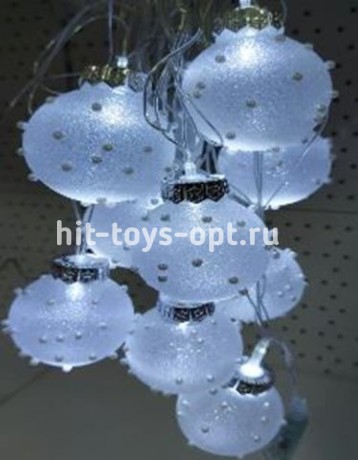 гирлянда нить диод 10л, лампочка-пластиковый шарик ШИПЫ 5.7см, 5М,  , пр упак (5М/10Л)  Холодный Бел